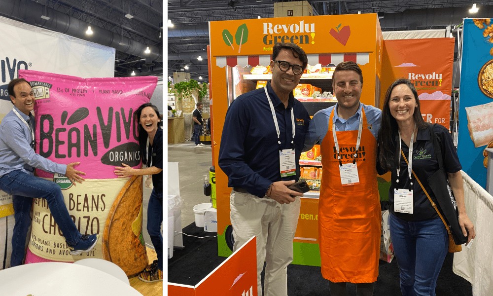 A side-by-side photo comparison from a trade show. The left panel shows a man and a woman laughing while holding a giant inflatable pink bag of Bean Vivo Organics beans. The right panel shows three people posing together in front of an orange Revolu Green booth, with the center man wearing an orange apron.