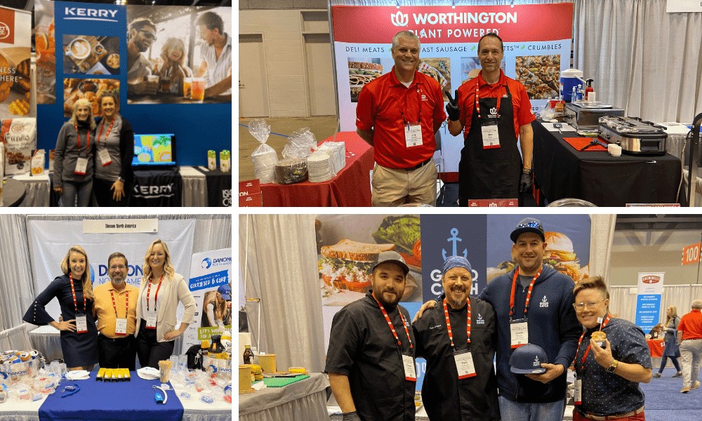 A four-quadrant collage of brand booths at a food trade show. The top-left panel features two women standing in front of a Kerry brand display. The top-right panel shows two men in red shirts posing at a Worthington booth. The bottom-left panel shows three colleagues standing before a Danone North America backdrop, and the bottom-right panel features four representatives gathering together at a Good Catch booth.