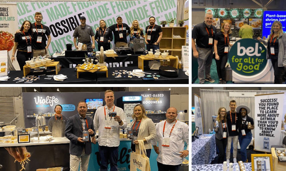 A four-quadrant collage of trade show exhibitions. The top-left panel displays seven team members posing behind an Impossible Foods tasting table. The top-right panel features three professionals standing by a Bel "for all for Good" circular counter. The bottom-left panel shows five people standing at a Violife 100% Vegan booth, and the bottom-right panel displays three representatives next to an Oatly banner reading "SUCCESS!".