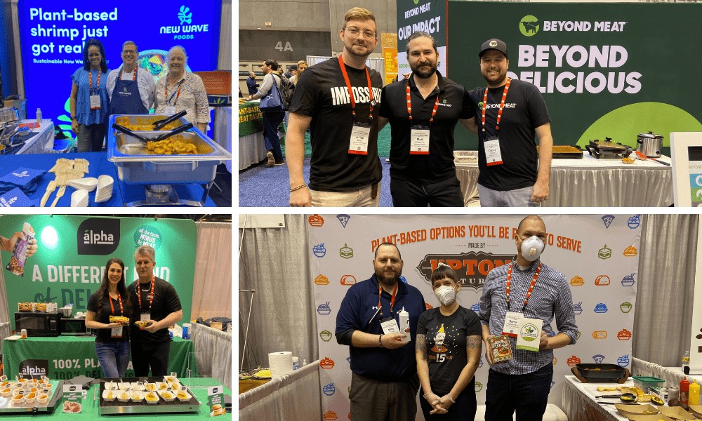 A four-quadrant collage showcasing plant-based brands at a convention. The top-left panel shows three people behind a New Wave Foods serving station with warmers. The top-right panel features three men standing arm-in-arm in front of a green Beyond Meat banner. The bottom-left panel shows a man and a woman posing at an Alpha Foods sample table, and the bottom-right panel displays three representatives standing together in front of an Upton's Naturals backdrop.