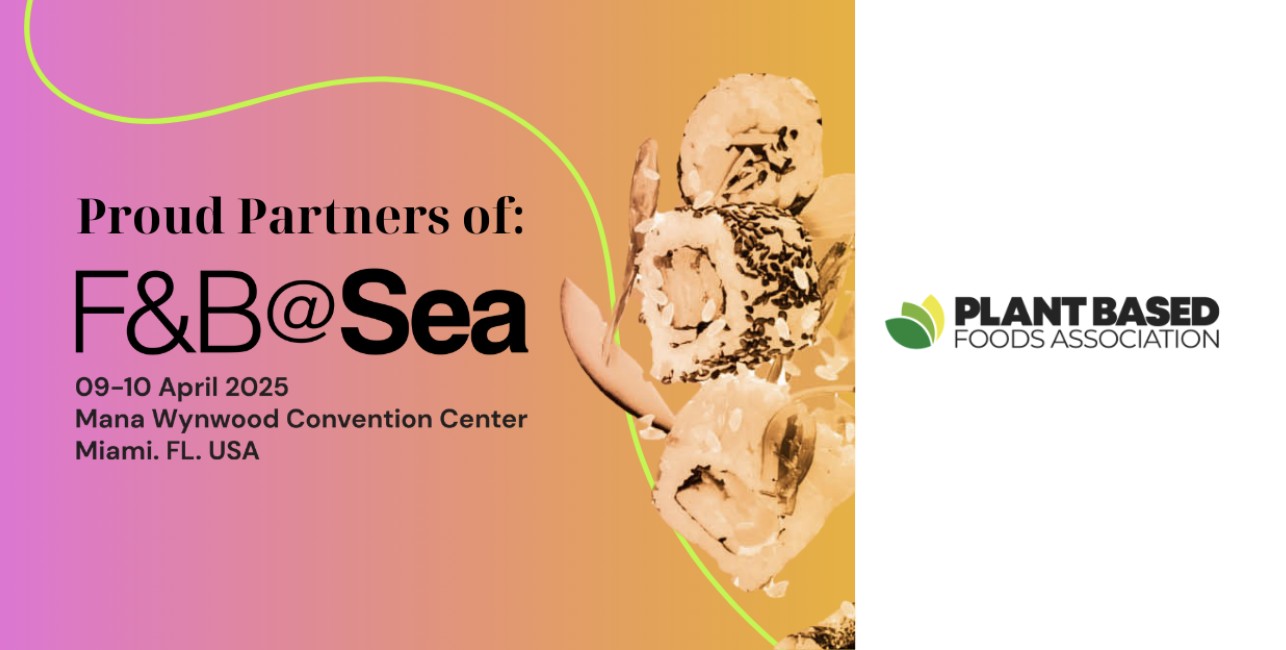 A promotional graphic on a pink, orange, and white background reads: "Proud Partners of: F&B@Sea, 09&ndash;10 April 2025, Mana Wynwood Convention Center, Miami, FL, USA." An overlaid monochromatic orange image of stacked sushi rolls sits in the center, and the Plant Based Foods Association logo is displayed on the right.