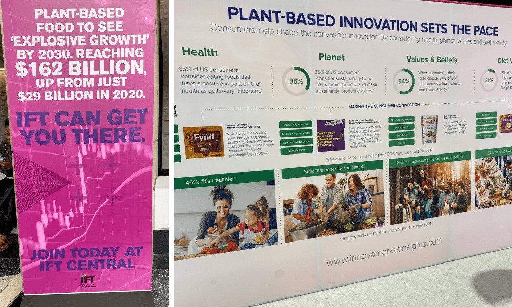 A side-by-side view of an informational exhibition display. The left panel shows a bright pink banner reading "PLANT-BASED FOOD TO SEE 'EXPLOSIVE GROWTH' BY 2030." The right panel displays an infographic titled "PLANT-BASED INNOVATION SETS THE PACE," featuring consumer statistics on health, planet, and diet variety alongside images of sample products.