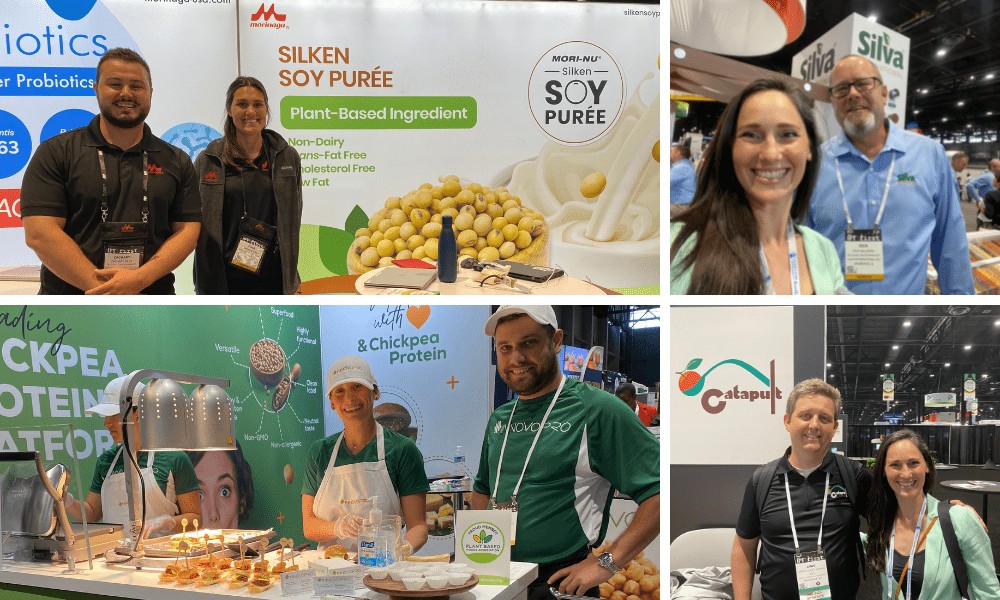 A four-quadrant collage of professionals at a food industry expo. The top-left panel shows two colleagues standing at a "Mori-Nu Silken Soy Purée" display booth. The bottom-left panel features two people working behind a food counter showcasing a chickpea protein platform. The top-right panel shows a woman taking a photo with a man at a "Silva" booth, and the bottom-right panel shows a man and a woman posing at a "Catapult" display.