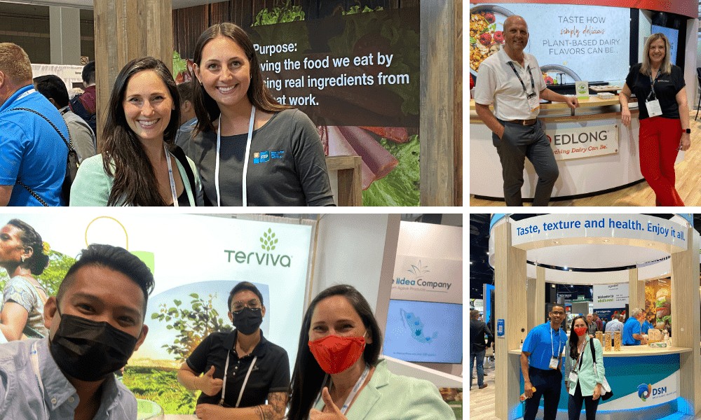 A four-quadrant collage of professionals at a convention. The top-left panel shows two women smiling near a text display defining "Purpose." The bottom-left panel features three people posing near a "Terviva" display booth, with two wearing face masks. The top-right panel shows a man and a woman posing at a "Edlong" tasting booth, and the bottom-right panel displays colleagues standing at a "DSM" counter.