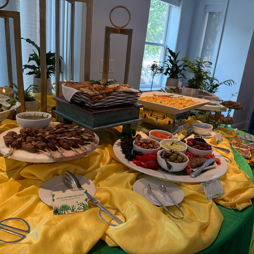 Plant-based spread at reception, featuring Impossible Foods skewers