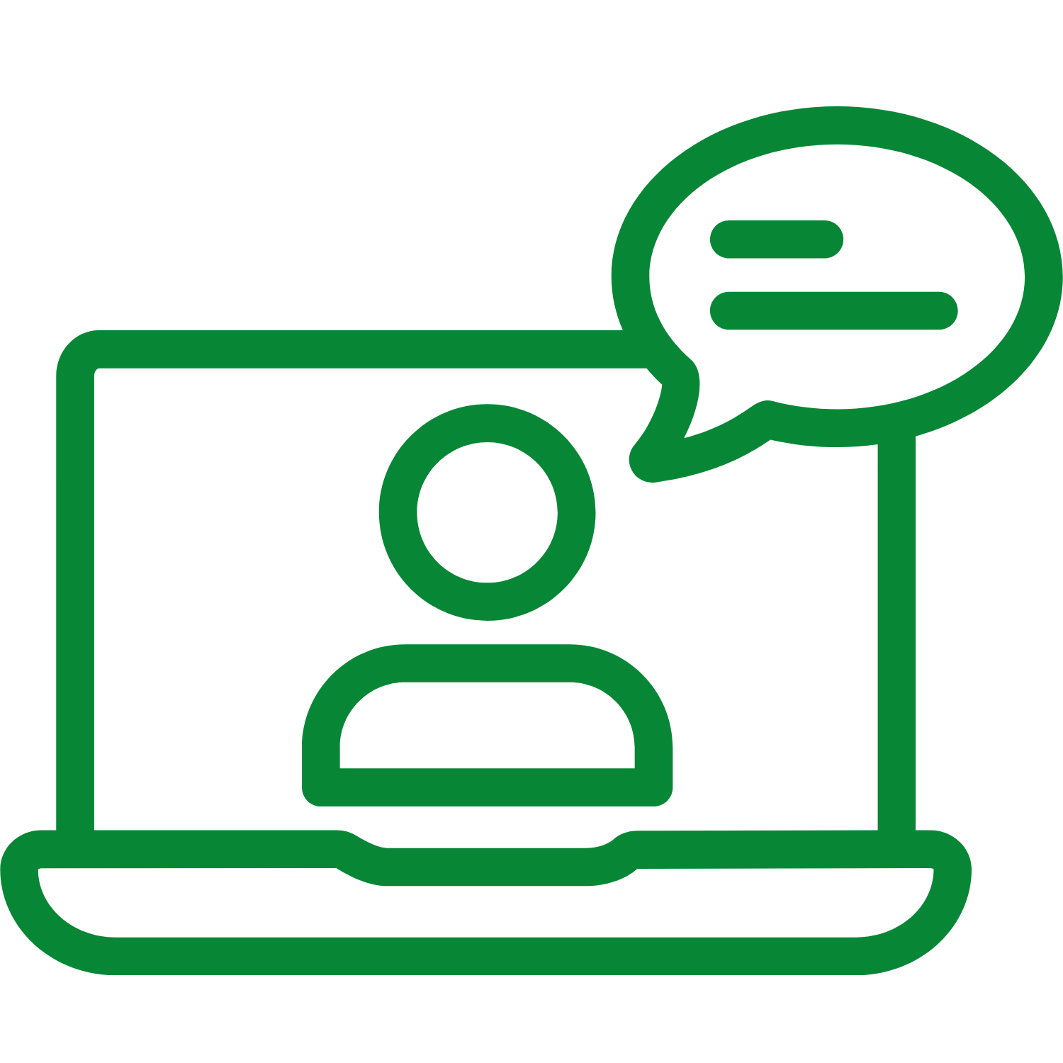 Icon of a laptop with a person and comment bubble, evoking connection and community