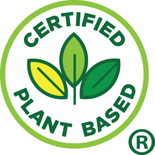 Certified Plant Based logo features a green circle with three stylized leaves inside. The text 'Certified Plant Based' surrounds the leaves on a black background.
