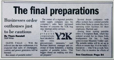 Newspaper article about portable toilet rentals for December 1999