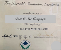 a photo of Port-O-San's certificate as a PSA charter member