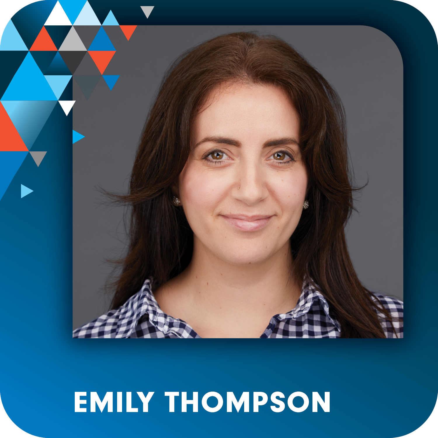 A picture of emily thompson with a blue background