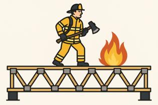 Icon: firefighter walking across a truss over fire, structural capacity