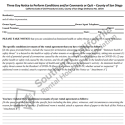 Digital #413 Three Day to Perform Conditions and or Covenants or Quit - County of San Diego