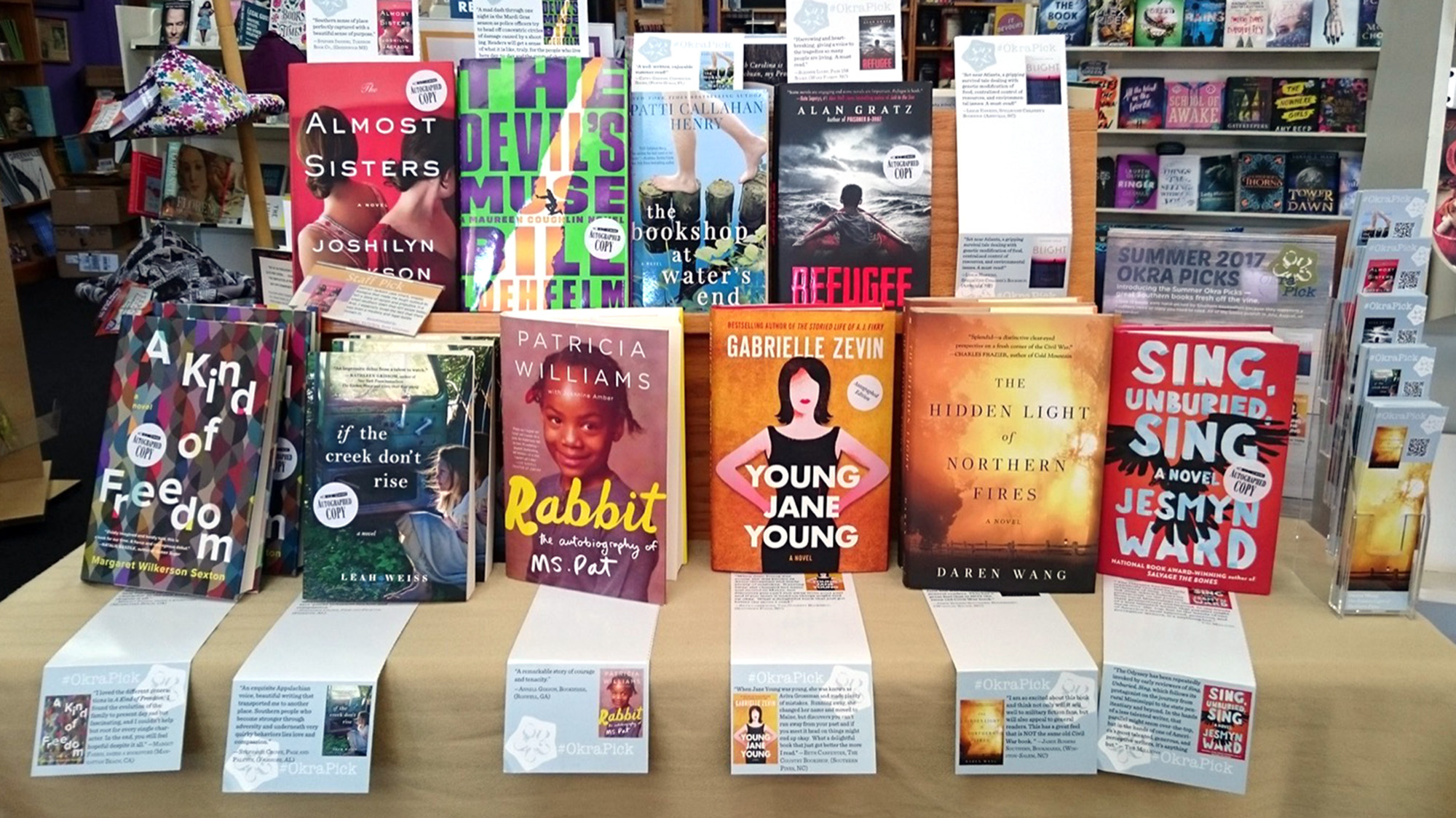 Display of books on a table with store review cards