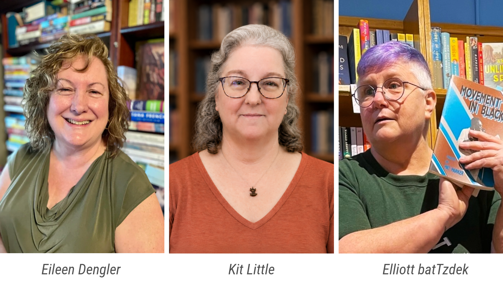 Headshots of Lunch and Learn speakers Eileen Dengler, Kit Little, and Elliott batTzedek
