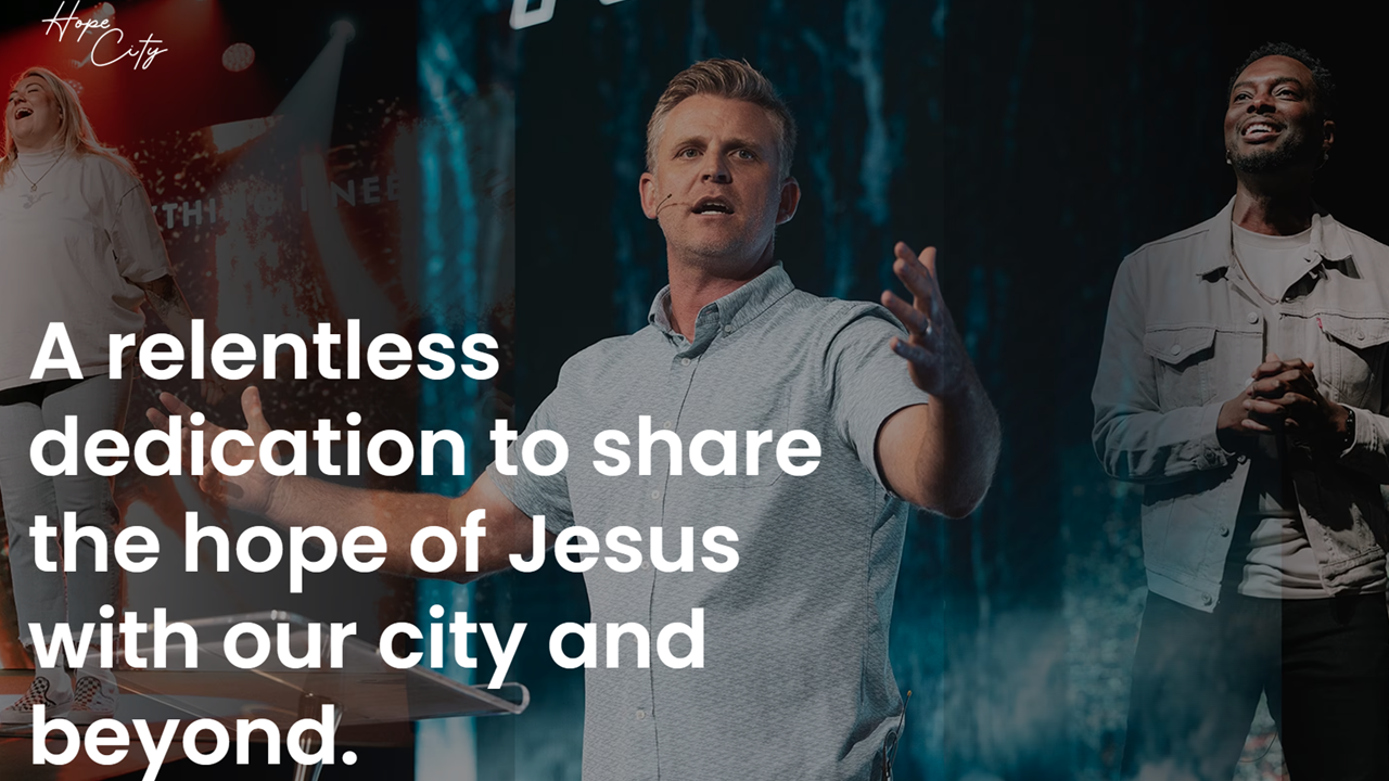 Hope City Church Pastors Eric Smith and Adler Corvil with mission statement text overlay