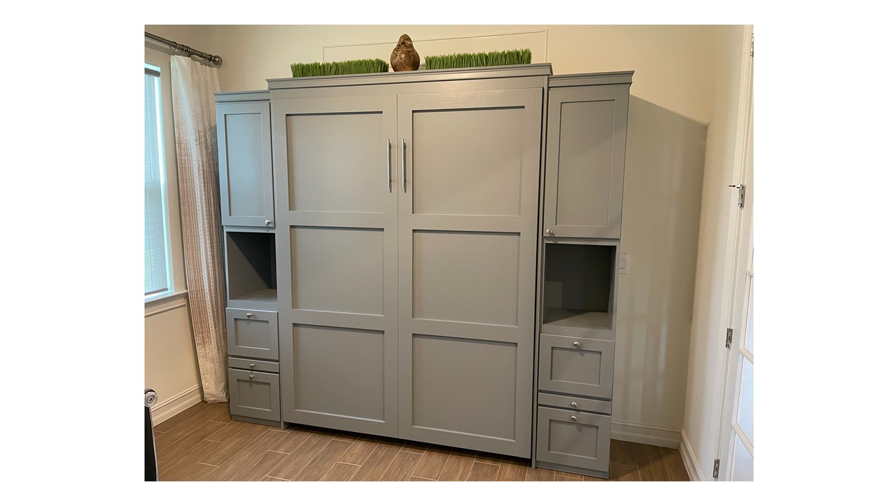 Wallbed with side pier cabinets and crown molding, painted African Gray
