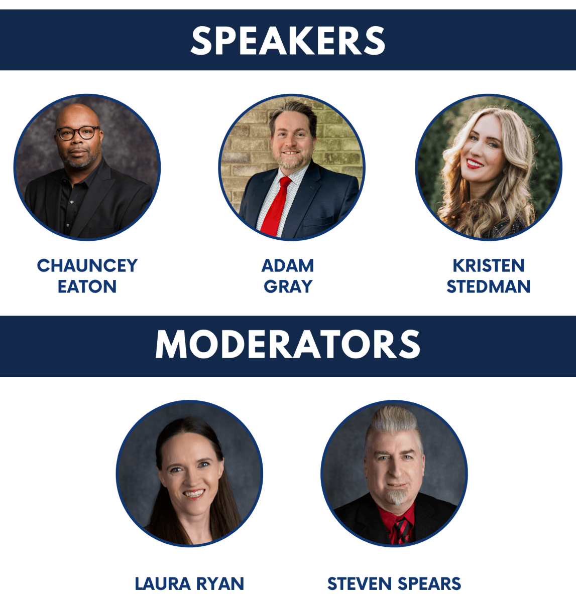 speaker photos: Chauncey Eaton, Adam Gray, Kristen Stedman, and Moderators Laura Ryan and Steven Spears