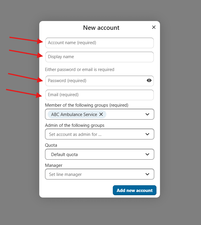 New account form in WEMSA Cloud