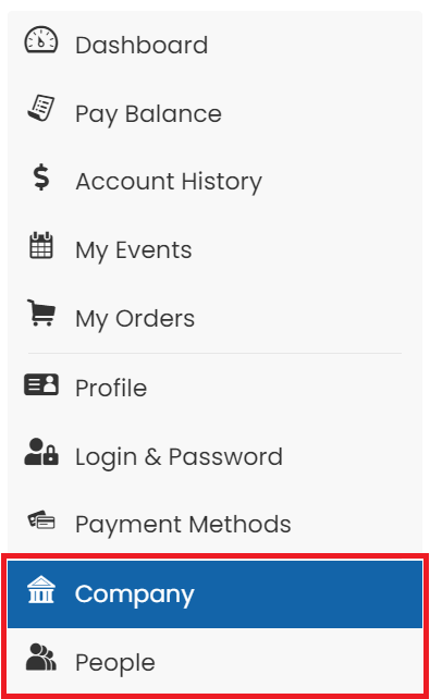 image shows the view of the Member Compass navigation area. The company tab and People tab are highlighted by a red box.